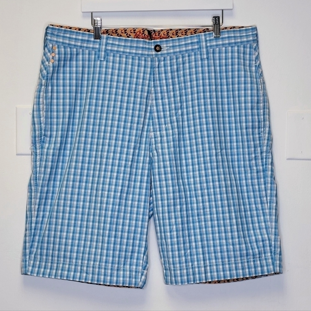 Robert Graham Sea Blue and White Gingham Cotton Shorts Size 38